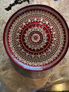 Ornate Red serving or decorative raised platter with Gold Mandala Detail